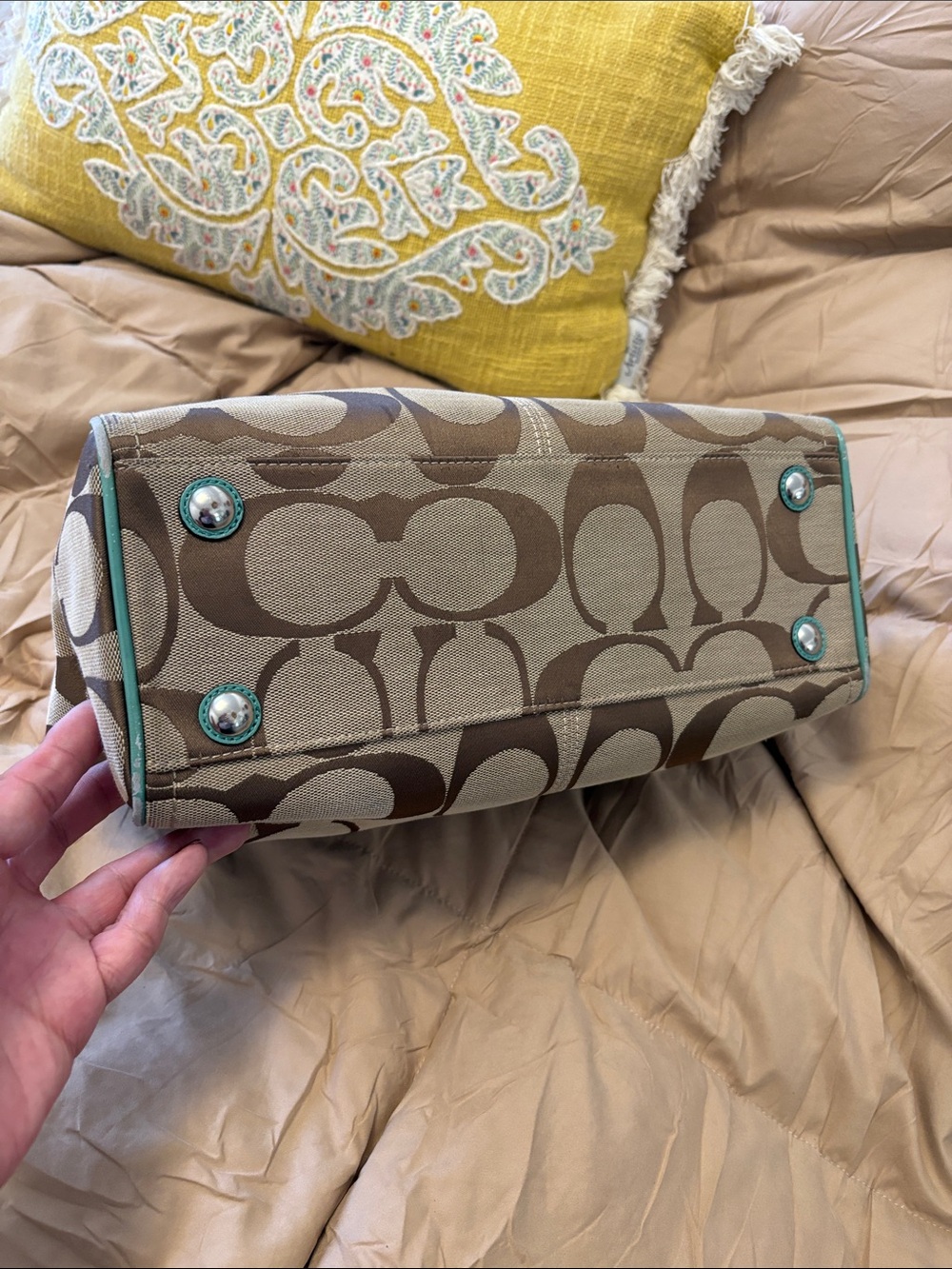 Coach Brown Signature Satchel with Teal Trim - Picture 4 of 7